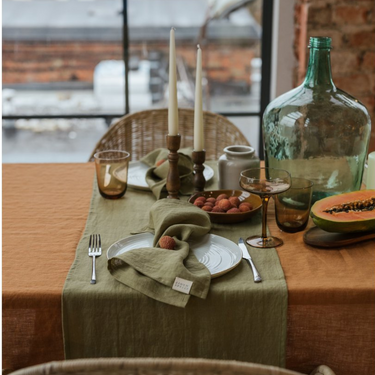Green linen table runner