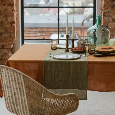 Green linen table runner