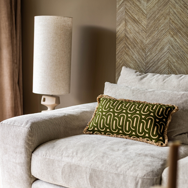 Kotabo decorative cushion green with print and fringes – 30 x 50 cm – Olive Oasis