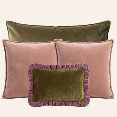Kotabo sierkussenset Indie – Set van 4 kussens – Olive Oasis, Pretty in Pink & Olive Oasis x Plum