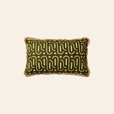 Kotabo decorative cushion green with print and fringes – 30 x 50 cm – Olive Oasis